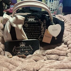 Juicy Couture Black Quilted Satchel with Blush Trim and Heart Charm